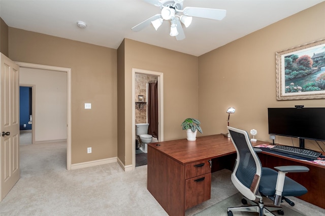 3873 Heritage Trl, Celina, TX 75009 - office area featuring a ceiling fan, light colored carpet, and baseboards