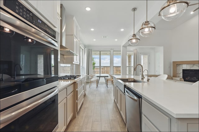 1001 Gentle Knoll Ln, Prosper, TX 75078 - kitchen featuring appliances with stainless steel finishes, light countertops, light wood-type flooring, a sink, and wall chimney exhaust hood