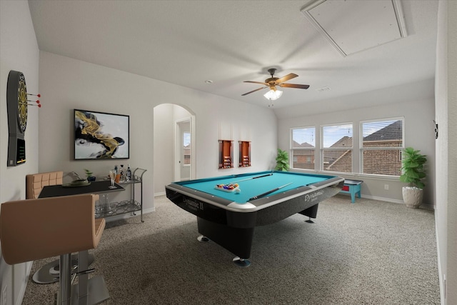 2408 Comal Ct, Royse City, TX 75189 - recreation room with attic access, arched walkways, carpet, ceiling fan, and billiards