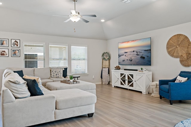 1517 Sweetwater Way, Celina, TX 75009 - living area with light wood-style flooring, ceiling fan, lofted ceiling, recessed lighting, and baseboards