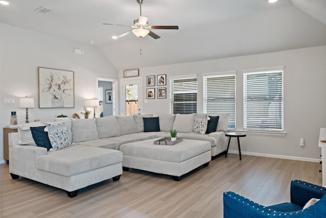 1517 Sweetwater Way, Celina, TX 75009 - living area with vaulted ceiling, ceiling fan, plenty of natural light, light wood-style flooring, and recessed lighting