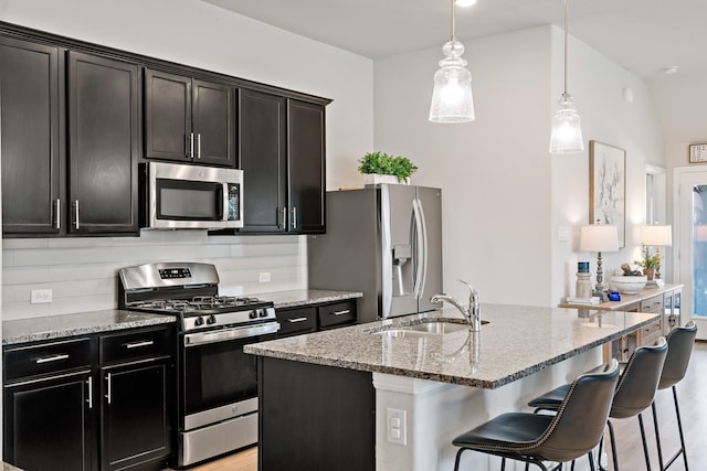 1517 Sweetwater Way, Celina, TX 75009 - kitchen with stainless steel appliances, a sink, light stone countertops, tasteful backsplash, and light wood-type flooring