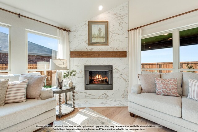 801 Embers Ln, Melissa, TX 75454 - living room featuring lofted ceiling, a premium fireplace, and wood finished floors