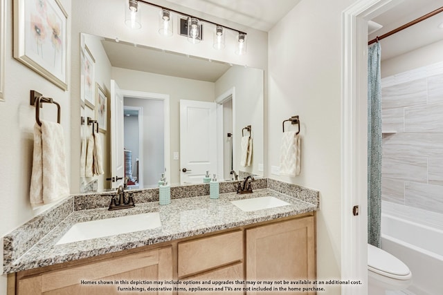 801 Embers Ln, Melissa, TX 75454 - bathroom with double vanity, toilet, and shower / tub combo with curtain