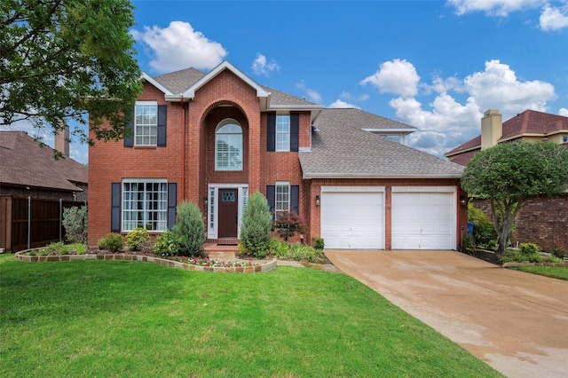 2221 Bennington Ave, Flower Mound, TX 75028 - colonial house with a garage, brick siding, a shingled roof, and driveway