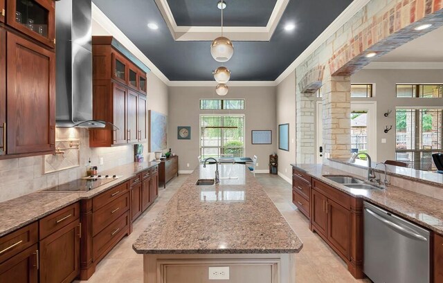103 Saintsbury Cir, Waco, TX 76712 - kitchen with a sink, black electric cooktop, wall chimney range hood, dishwasher, and healthy amount of natural light