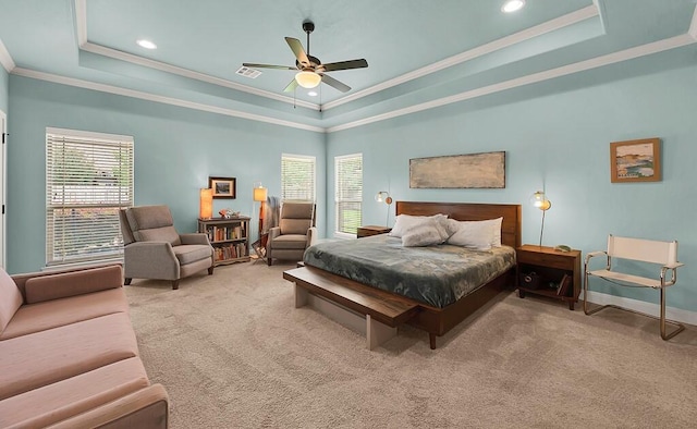 103 Saintsbury Cir, Waco, TX 76712 - bedroom featuring a tray ceiling, carpet floors, crown molding, baseboards, and recessed lighting
