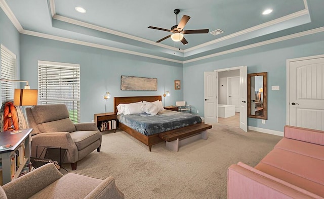 103 Saintsbury Cir, Waco, TX 76712 - carpeted bedroom featuring a tray ceiling, ornamental molding, baseboards, recessed lighting, and ceiling fan