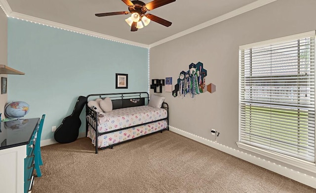 103 Saintsbury Cir, Waco, TX 76712 - bedroom featuring crown molding, light carpet, baseboards, and ceiling fan