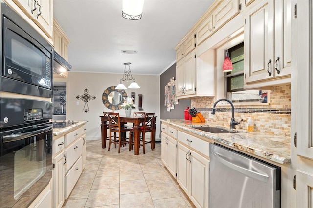 2507 16th St, Brownwood, TX 76801 - kitchen featuring black appliances, a sink, tasteful backsplash, ornamental molding, and light stone counters