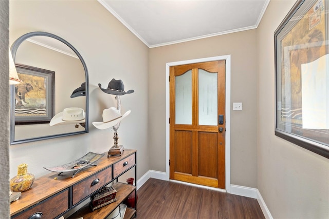 2507 16th St, Brownwood, TX 76801 - entryway with baseboards, dark wood-style flooring, and ornamental molding