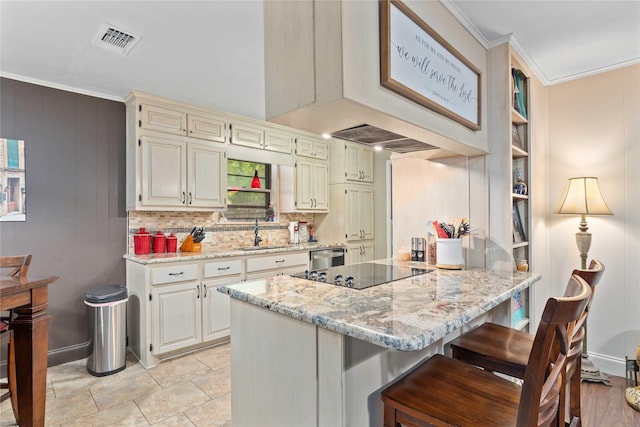2507 16th St, Brownwood, TX 76801 - kitchen featuring a sink, ornamental molding, black electric stovetop, light stone countertops, and a peninsula