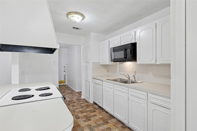 6003 Springwood Dr, Arlington, TX 76001 - kitchen featuring black microwave, dishwasher, a sink, white cabinetry, and decorative backsplash