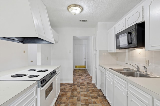 6003 Springwood Dr, Arlington, TX 76001 - kitchen with white appliances, a sink, extractor fan, light countertops, and a textured ceiling
