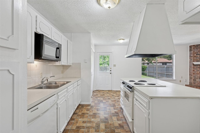 6003 Springwood Dr, Arlington, TX 76001 - kitchen featuring white appliances, a sink, custom exhaust hood, a textured ceiling, and decorative backsplash