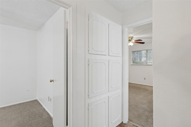 6003 Springwood Dr, Arlington, TX 76001 - hall featuring a textured ceiling, light colored carpet, and baseboards