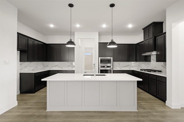 2397 Rams Horn Dr, Waxahachie, TX 75165 - kitchen with stainless steel appliances, a sink, an island with sink, under cabinet range hood, and backsplash