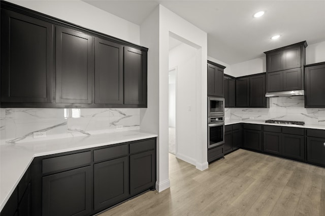 2397 Rams Horn Dr, Waxahachie, TX 75165 - kitchen featuring appliances with stainless steel finishes, under cabinet range hood, tasteful backsplash, recessed lighting, and light wood-style floors