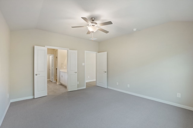 414 Stagg St, Mckinney, TX 75069 - unfurnished bedroom with light colored carpet, lofted ceiling, baseboards, and ceiling fan