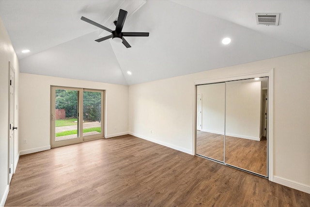 902 Mission Dr, Southlake, TX 76092 - unfurnished bedroom with vaulted ceiling, wood finished floors, recessed lighting, a ceiling fan, and a closet
