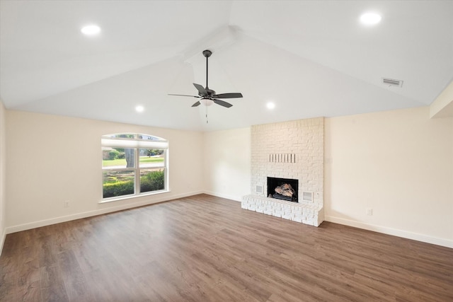902 Mission Dr, Southlake, TX 76092 - unfurnished living room featuring ceiling fan, wood finished floors, a brick fireplace, recessed lighting, and baseboards