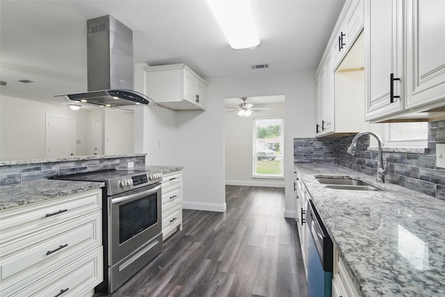 1025 Briar Way, Garland, TX 75043 - kitchen with stainless steel appliances, island exhaust hood, a sink, dark wood finished floors, and ceiling fan