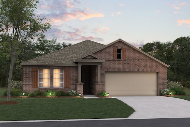 1625 Pepperidge Ln, Fort Worth, TX 76131 - view of front of house featuring brick siding, concrete driveway, a front yard, a garage, and a shingled roof