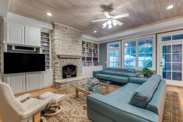 3217 Rankin St, University Park, TX 75205 - living area featuring wood finished floors, wooden ceiling, a ceiling fan, built in shelves, and a fireplace