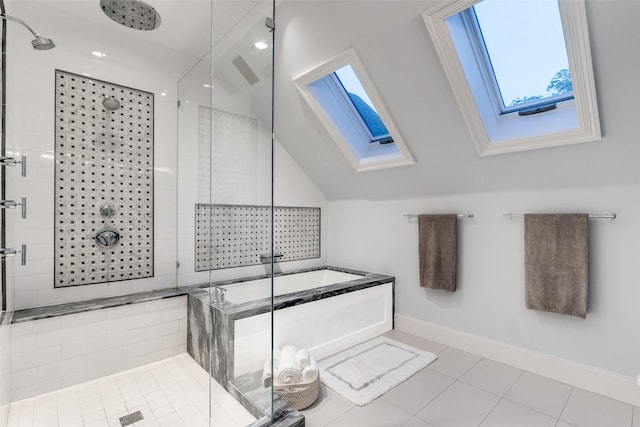3217 Rankin St, University Park, TX 75205 - bathroom featuring a skylight, a shower stall, a bath, lofted ceiling, and baseboards
