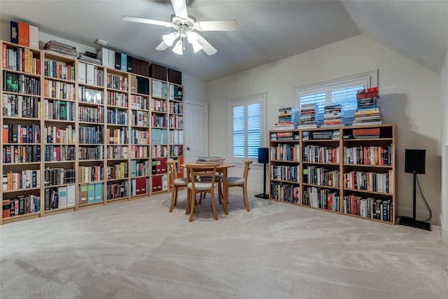 3217 Rankin St, University Park, TX 75205 - sitting room featuring a ceiling fan, carpet flooring, bookshelves, and lofted ceiling