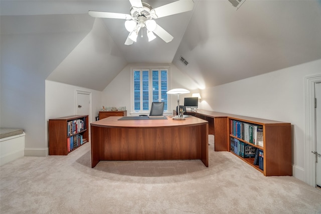 3217 Rankin St, University Park, TX 75205 - office featuring light carpet, ceiling fan, vaulted ceiling, and baseboards