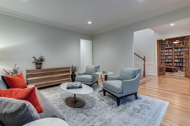 3217 Rankin St, University Park, TX 75205 - living area with stairway, wood finished floors, crown molding, and recessed lighting