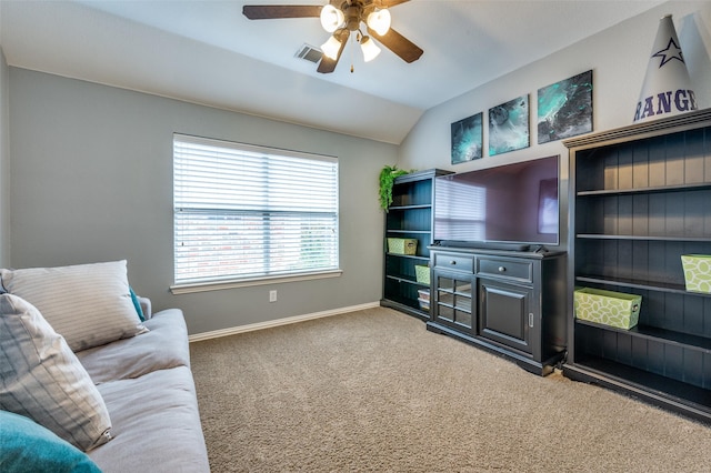 2362 Barret Dr, Frisco, TX 75033 - carpeted living room featuring baseboards, ceiling fan, and lofted ceiling
