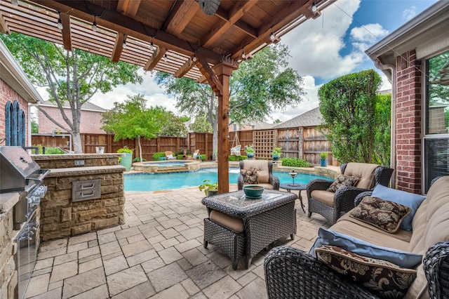 2362 Barret Dr, Frisco, TX 75033 - fenced backyard featuring area for grilling, a patio, a pool with connected hot tub, and outdoor lounge area