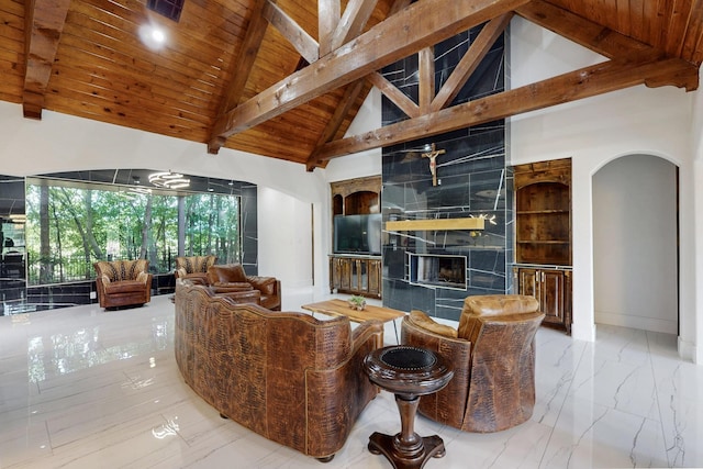 5720 County Road 1094, Celeste, TX 75423 - living room with arched walkways, wood ceiling with exposed beams, a fireplace, high vaulted ceiling, and baseboards