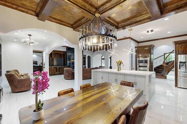 5720 County Road 1094, Celeste, TX 75423 - dining area featuring arched walkways, coffered ceiling, a chandelier, light marble finish floors, and stairs