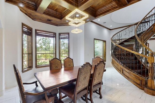 5720 County Road 1094, Celeste, TX 75423 - dining room featuring stairway, healthy amount of natural light, light marble finish flooring, crown molding, and wood ceiling with exposed beams