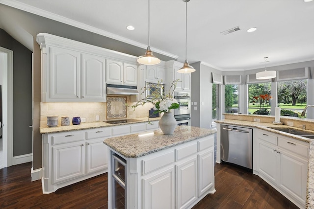 702 Malton Ln, Southlake, TX 76092 - kitchen featuring stainless steel appliances, a sink, under cabinet range hood, dark wood-style floors, and decorative backsplash