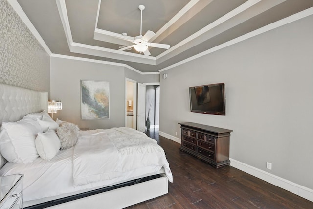 702 Malton Ln, Southlake, TX 76092 - bedroom with a tray ceiling, dark wood finished floors, baseboards, crown molding, and ensuite bath