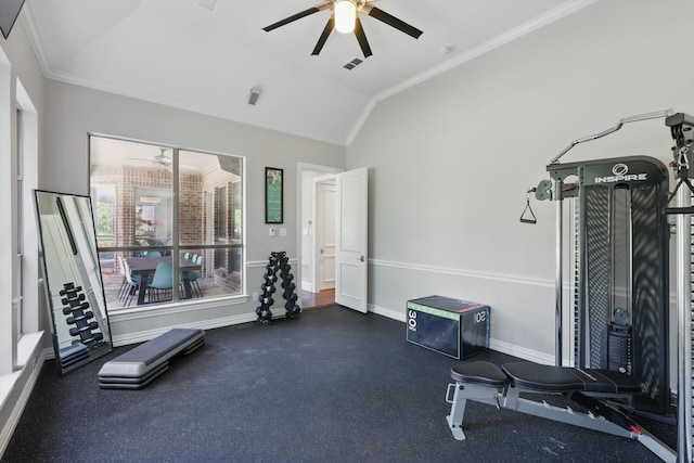 702 Malton Ln, Southlake, TX 76092 - exercise room featuring ceiling fan, ornamental molding, vaulted ceiling, and baseboards