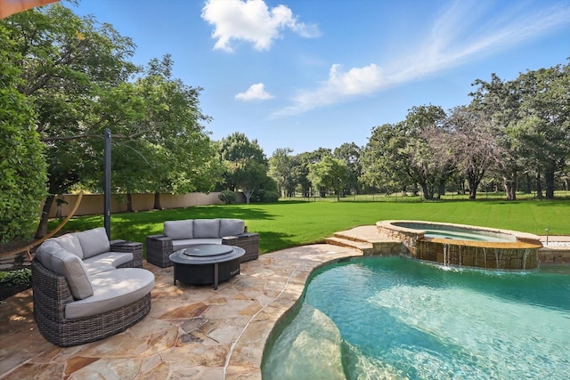 702 Malton Ln, Southlake, TX 76092 - view of pool featuring a patio area, an outdoor living space with a fire pit, a pool with connected hot tub, and view of wooded area
