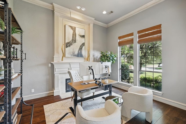 702 Malton Ln, Southlake, TX 76092 - office with crown molding, baseboards, hardwood / wood-style floors, a premium fireplace, and recessed lighting