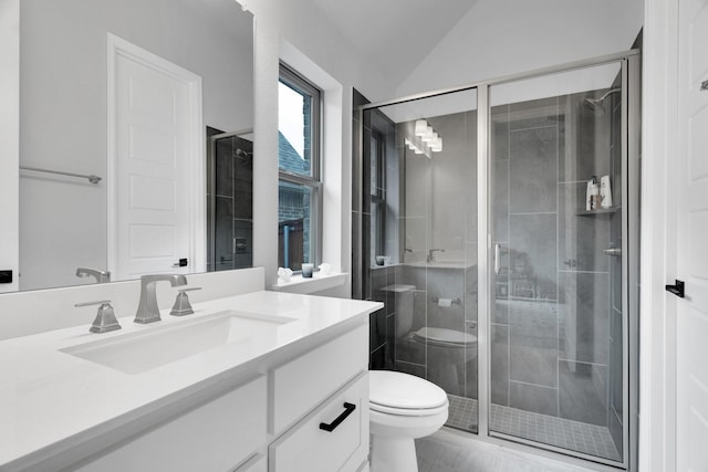 1210 Old Rocksprings Pass, Mansfield, TX 76063 - full bathroom featuring toilet, vanity, a shower stall, and vaulted ceiling