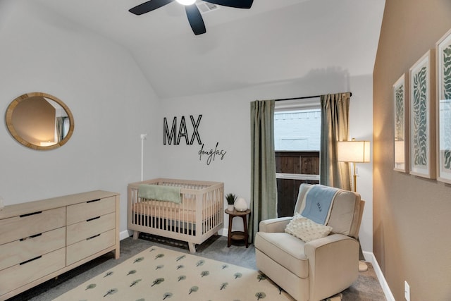 1210 Old Rocksprings Pass, Mansfield, TX 76063 - bedroom featuring lofted ceiling, carpet floors, baseboards, a crib, and ceiling fan