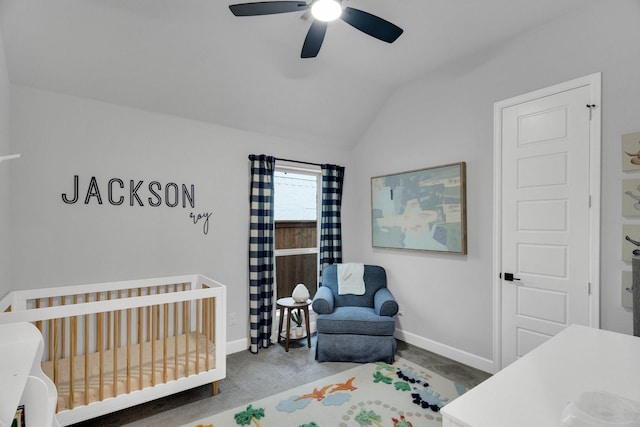 1210 Old Rocksprings Pass, Mansfield, TX 76063 - bedroom featuring a nursery area, baseboards, vaulted ceiling, and ceiling fan