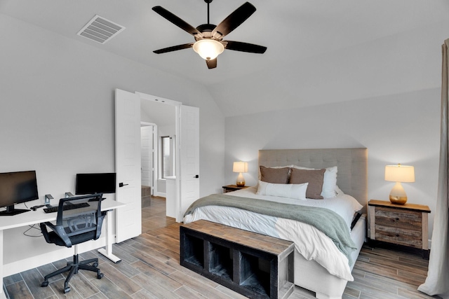 1210 Old Rocksprings Pass, Mansfield, TX 76063 - bedroom with a desk, wood tiled floors, lofted ceiling, baseboards, and ceiling fan
