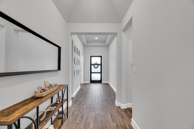 1210 Old Rocksprings Pass, Mansfield, TX 76063 - doorway with dark wood-style flooring, a tray ceiling, baseboards, and recessed lighting