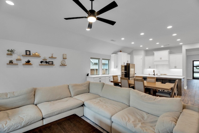 1210 Old Rocksprings Pass, Mansfield, TX 76063 - living room featuring recessed lighting, healthy amount of natural light, dark wood-style flooring, and a ceiling fan