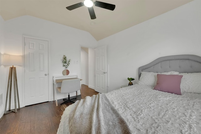 832 Lake Worth Trl, Little Elm, TX 75068 - bedroom with vaulted ceiling, wood finished floors, and a ceiling fan