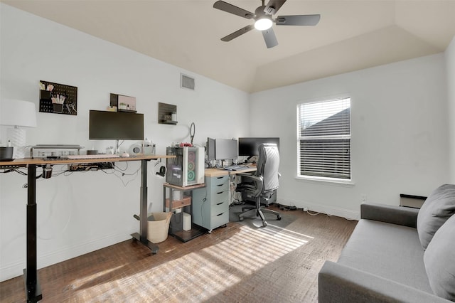 832 Lake Worth Trl, Little Elm, TX 75068 - office with a ceiling fan, lofted ceiling, baseboards, and wood finished floors